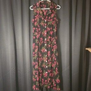 Button Down Maxi Sleeveless Dress  Black and Red Floral Small Medium